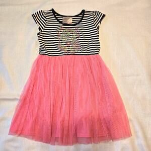 Sz 6 BEAUTEES Girls B&W Striped Bubblegum Pink Mesh Layered Skirt S/S Owl Dress
